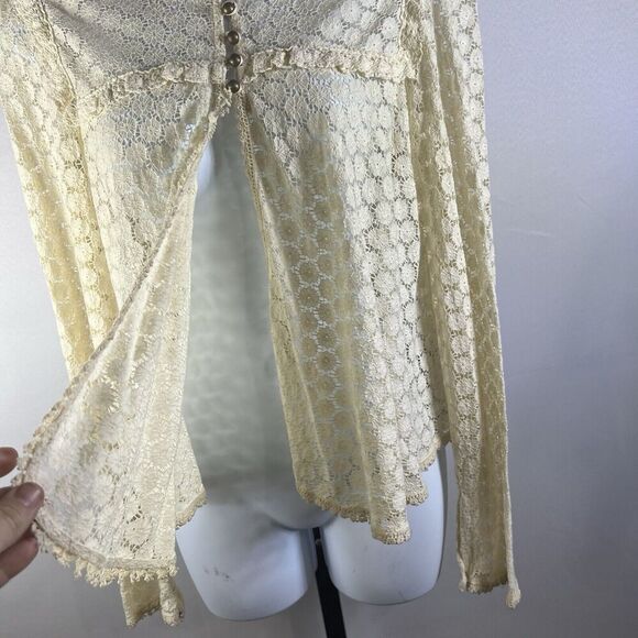 Free People Blouse Ivory Victorian Ruffle Lace Floral JacketCrochet Brass Med. - Picture 11 of 16